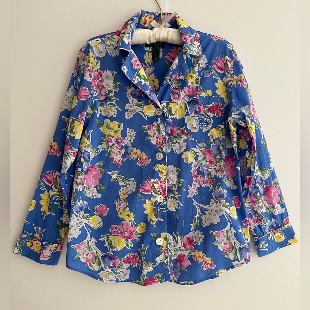 LAUREN RALPH LAUREN Pyjama Top Button Front Long Sleeve 100% Cotton Floral
